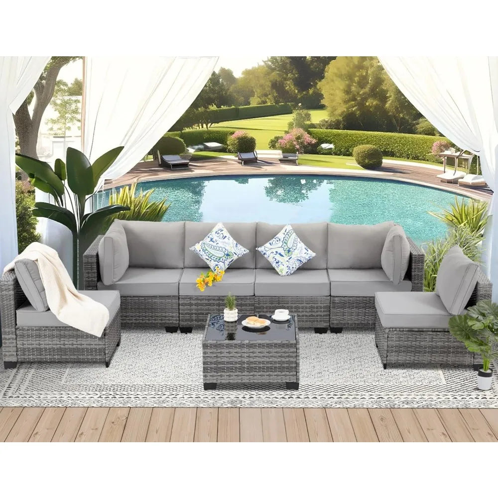 7 Pieces Outdoor Patio Furniture Set, Wicker Sectional Sofa Set Rattan Modular Patio Conversation Sets with Cushions Couch Set &