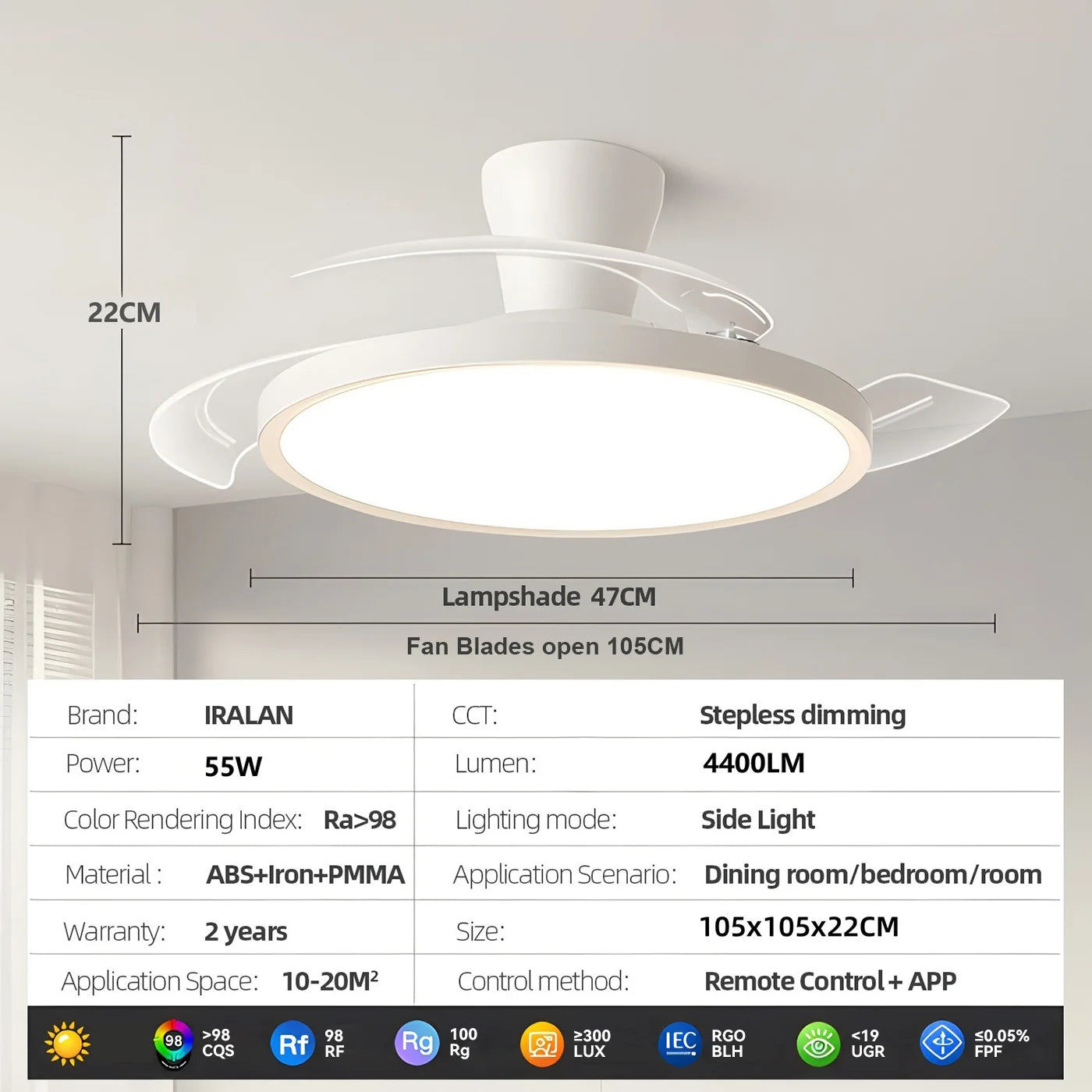 Modern Ceiling Fan Sealing Fan Led Lighting Silent Invisible Blade Lamps Suitable for Living Room Dining Room Study Kitchen