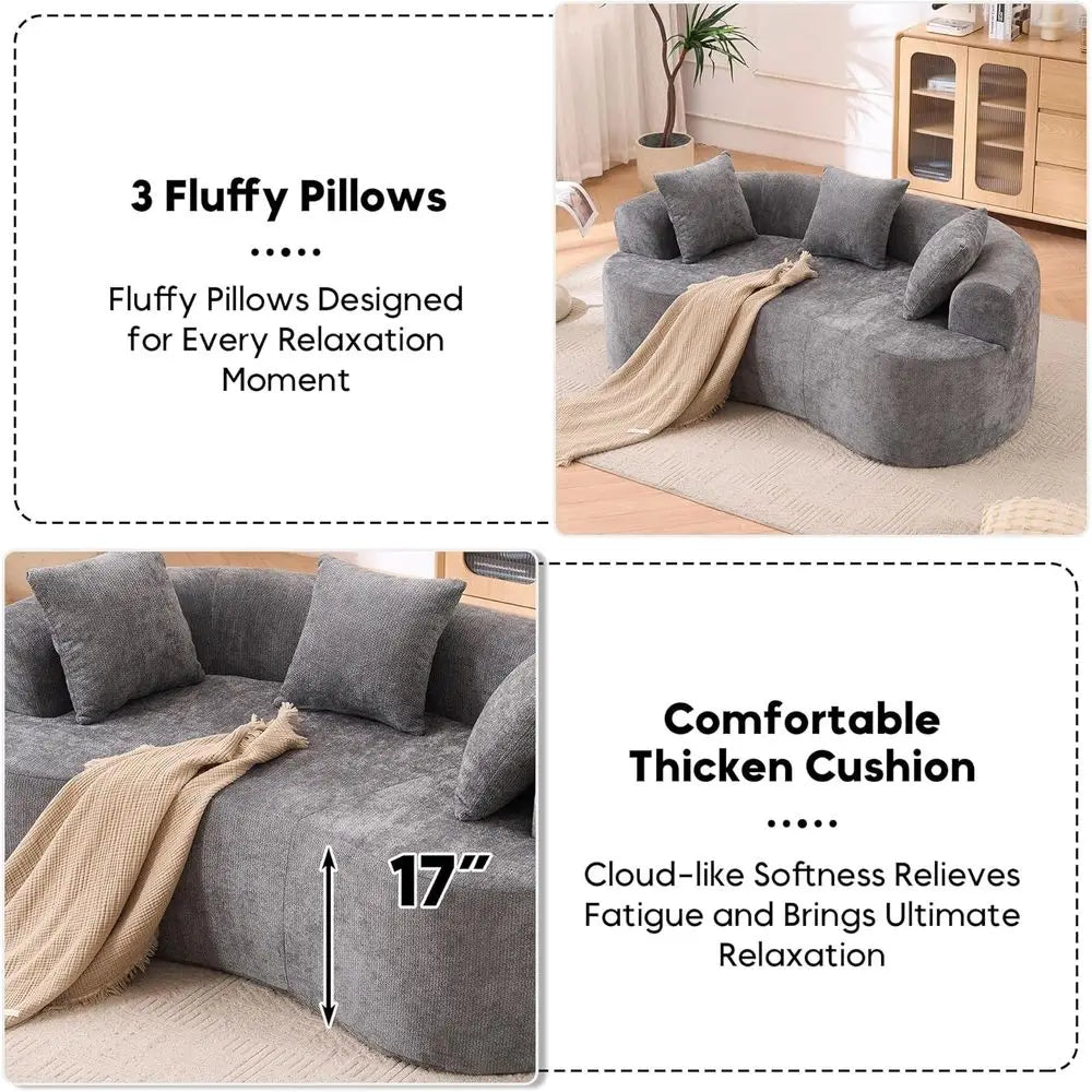 Luxury 79 Grey Chenille Deep Seat Sofa with Throw Pillows for Small Living Rooms