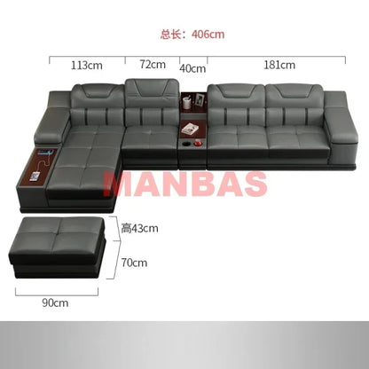 L-Shaped Modern Sectional Sofa Set with Chaise, Genuine Leather Reclining Couch with USB Charging Ports & Cup Holders, Couch Set