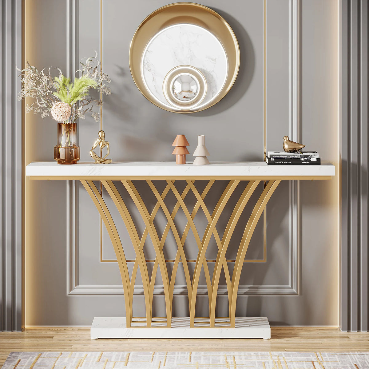 Tribesigns 59 inch Gold Console Table, Modern Entryway Table with Grid-Shaped Metal Base for Entrance, Hallway, Entryway
