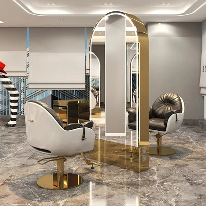 Salon Furniture Led Light Gold Frame Double Sided Barber Station Modern Hair Salon Mirrors Designs