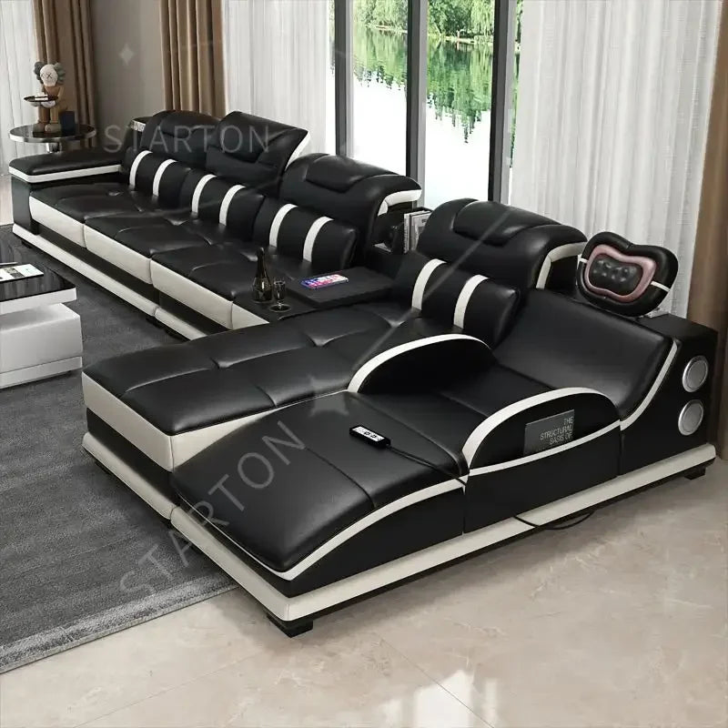 Genuine Leather Sectional Sofa with Bluetooth Speaker, Massage Chaise L Shape Corner Sofa，Functional Headrest