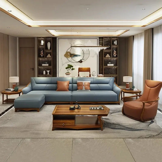 solid wood sofa leather first layer cowhide thick leather new Chinese style living room size apartment sofa combination set