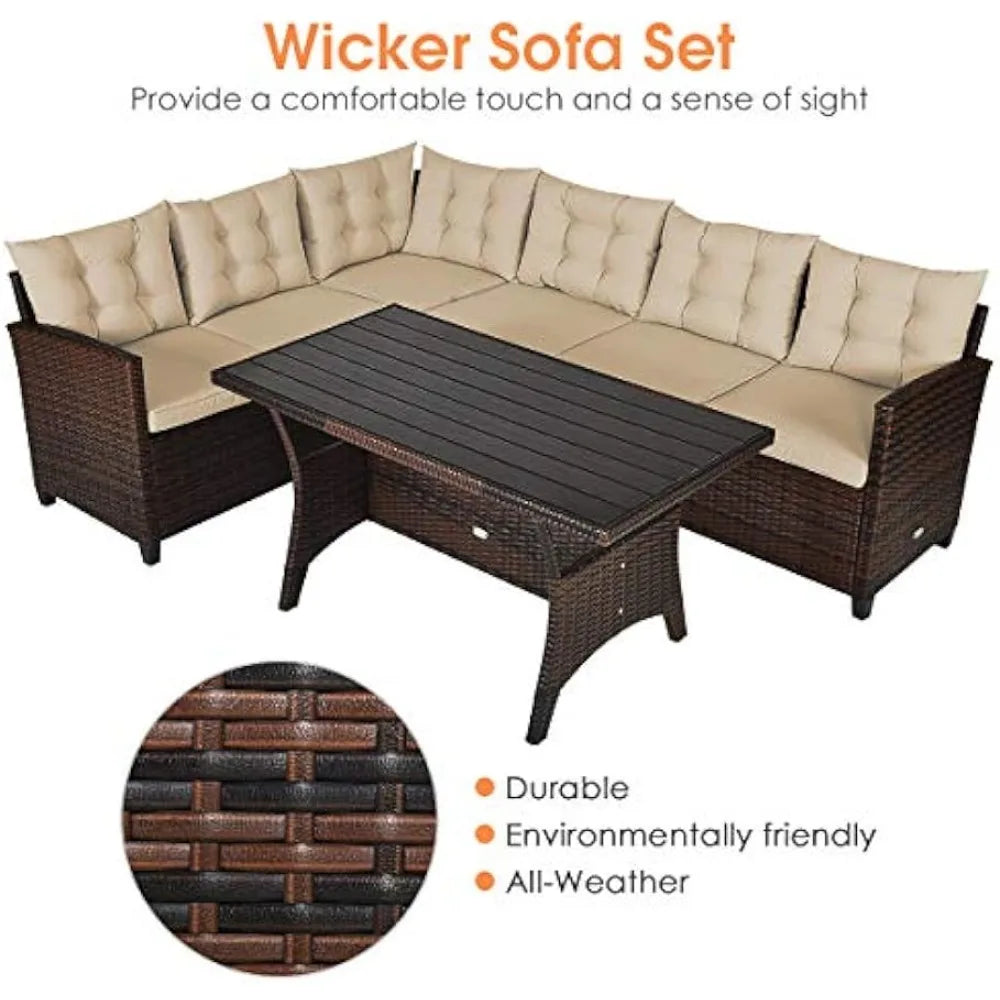 3-Piece Outdoor Patio Furniture Set Rattan Wicker Sofa Set with Seat & Back Cushions, Manual Weaving Conversation Set with Coff