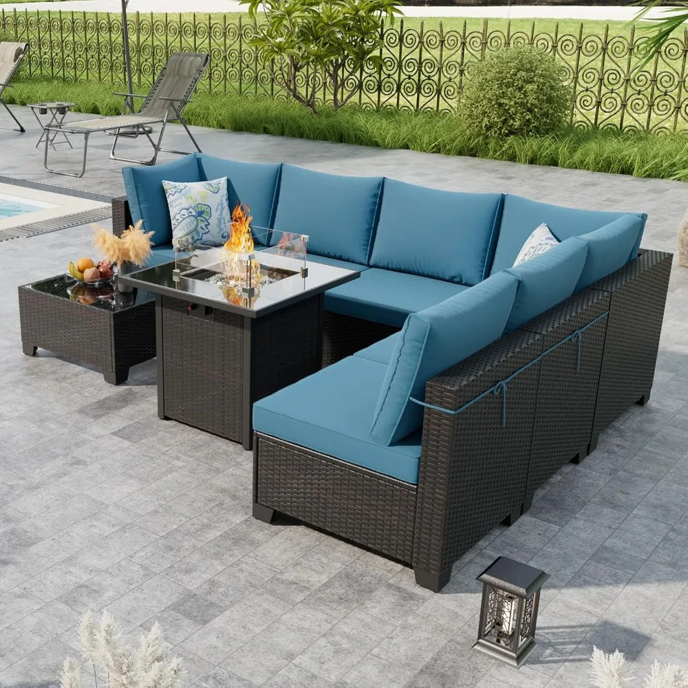 8 Piece Outdoor Patio Furniture Set with Fire Pit Table, Wicker Sectional Sofa Set with Thick Cushions, Perfect for Garden Lawn