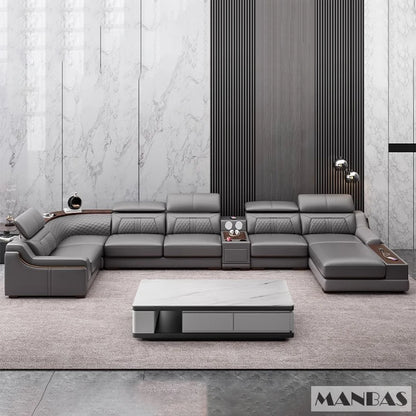 Stylish Italian Genuine Leather Sofa for Living Room with Cup Holder, USB, Adjustable Headrests & Bluetooth Speaker - Linlamlim