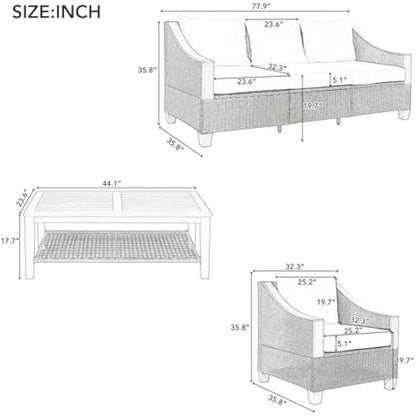 ad 4-Piece Furniture Outdoor Conversation Sofa Set with Wooden Coffee Table and Cushions Seating, 5 People Patio Couch Sectional