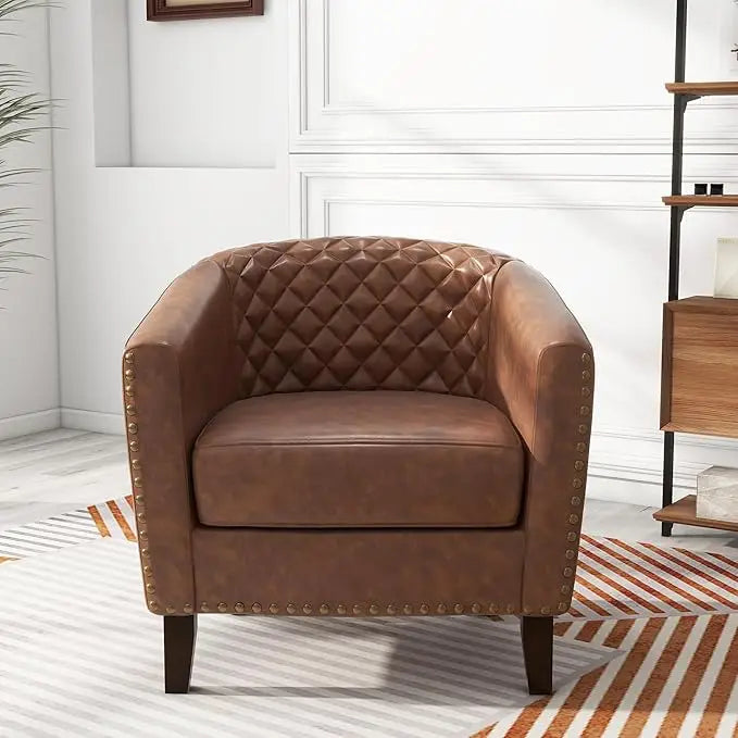 Faux Leather Barrel Accent Chairs Set of 4, Modern Club Arm Chair Comfy Upholstered Single Sofa Chair, Beige