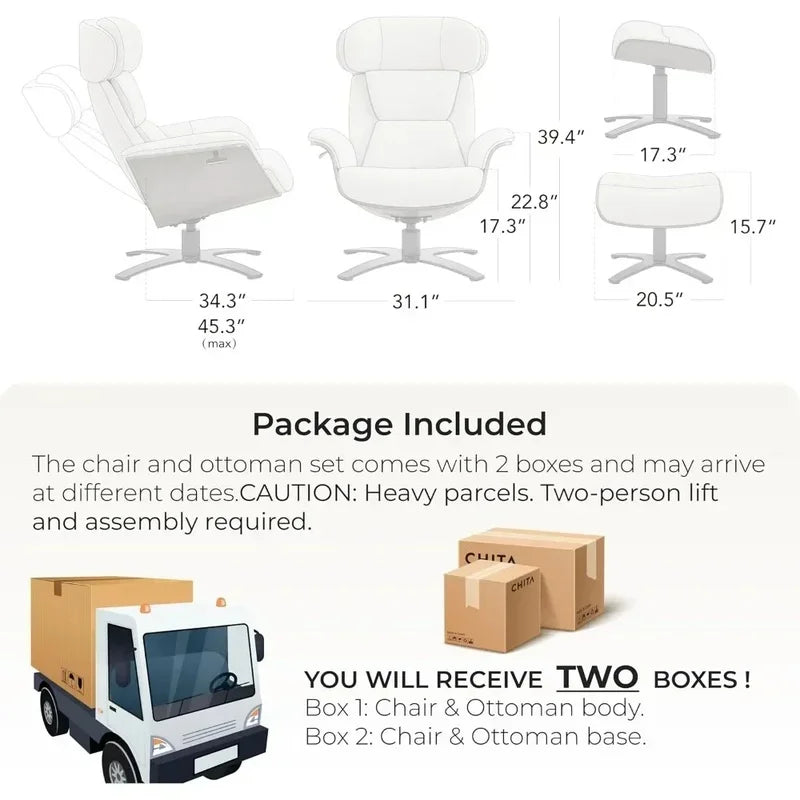Leather Reclining Swivel Chair with Adjustable Headrest and Ottoman for Living Room, Saddle Color, Arm Rest, Cushion Included