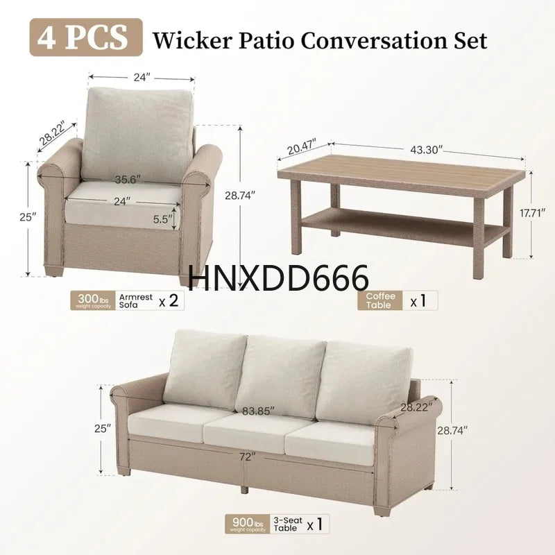 4-Piece Outdoor Patio Furniture Set, Wicker Rattan Conversation Set with 3-Seat Sofa, 2 Chairs, and Coffee Table