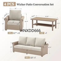 4-Piece Outdoor Patio Furniture Set, Wicker Rattan Conversation Set with 3-Seat Sofa, 2 Chairs, and Coffee Table
