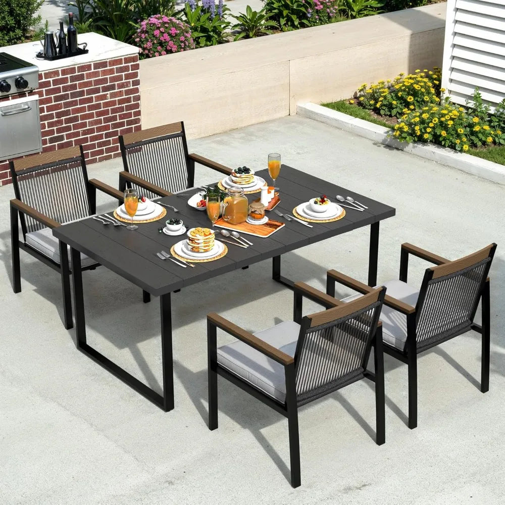 Outdoor Metal Dining Furniture Set with Umbrella Hole, Wood Grain Tabletop,，5-Piece Patio Dining Table and Chair Sets