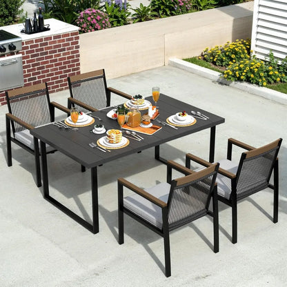 Outdoor Metal Dining Furniture Set with Umbrella Hole, Wood Grain Tabletop,，5-Piece Patio Dining Table and Chair Sets