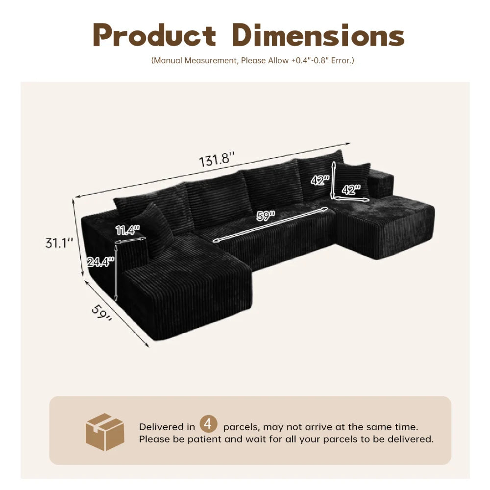 U-shaped Modular Sofa: Modern Minimalist Corduroy, No Assembly, Comfortable Living/Bedrooms (Black)