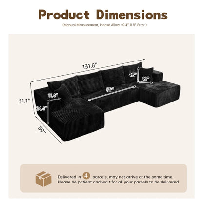U-shaped Modular Sofa: Modern Minimalist Corduroy, No Assembly, Comfortable Living/Bedrooms (Black)