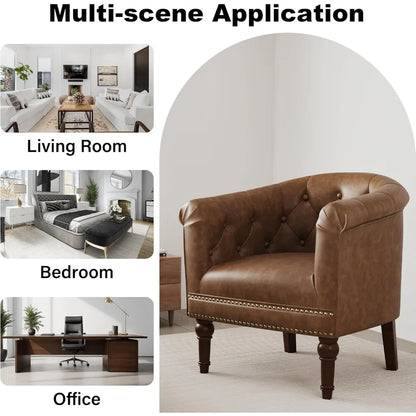 Accent Chair, Upholstered Faux Leather Barrel Chair with Nailed Trim, Comfy Club Armchair for Reading Living Room Bedroom Waitin