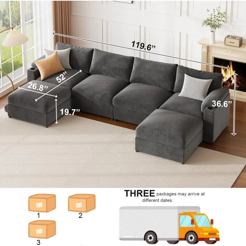 U-Shaped 6-Seat Velvet Cloud Sofa with Deep Seating and Convertible Sleeper for Living Room, 119.6 Inch Sectional Couch