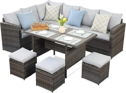 Wisteria Lane Outdoor Patio Furniture Set, 7 Piece Outdoor Dining Sectional Sofa with Dining Table and Chair, All Weather Wicker