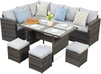 Wisteria Lane Outdoor Patio Furniture Set, 7 Piece Outdoor Dining Sectional Sofa with Dining Table and Chair, All Weather Wicker