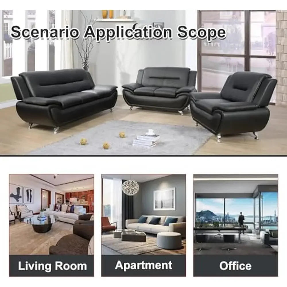 Contemporary Faux Leather Sofa Set Living Room Furniture Full Set Black-B 3PCS)