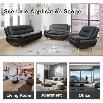 Contemporary Faux Leather Sofa Set Living Room Furniture Full Set Black-B 3PCS)