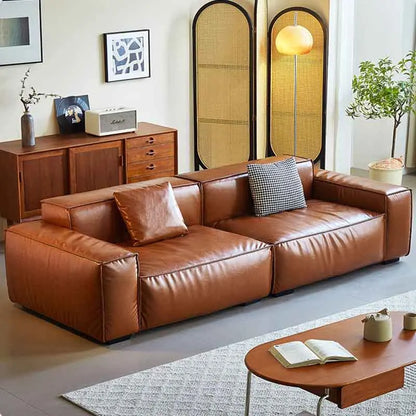 French Vintage Three-Person Genuine Leather Sofa Set in Ancient Caramel Tone for Small Living Rooms or Apartments