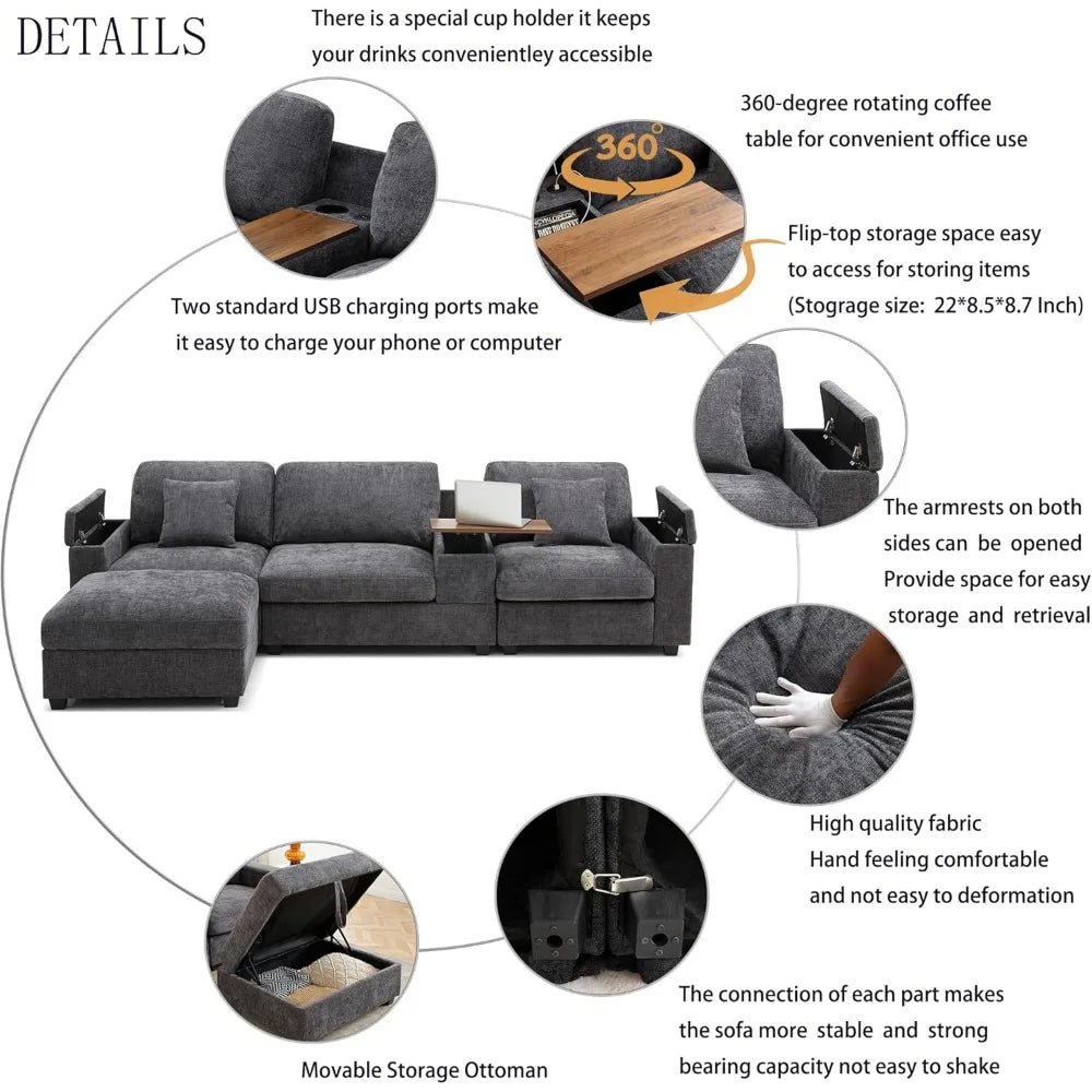 120.3" Modern L-Shaped Sectional Sofa with 360°Swivel Drop-Down Table, Storage Armrest, USB Ports & Movable Storage Ottoman – Pl