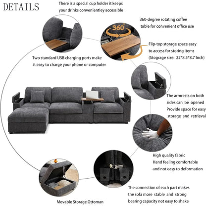 120.3" Modern L-Shaped Sectional Sofa with 360°Swivel Drop-Down Table, Storage Armrest, USB Ports & Movable Storage Ottoman – Pl