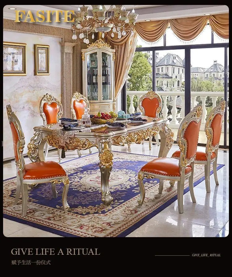 Premium European-style combination dining table and chairs all solid wood flower villa large-sized restaurant