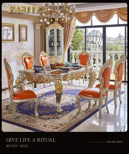 Premium European-style combination dining table and chairs all solid wood flower villa large-sized restaurant