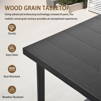 Outdoor Metal Dining Furniture Set with Umbrella Hole, Wood Grain Tabletop,，5-Piece Patio Dining Table and Chair Sets