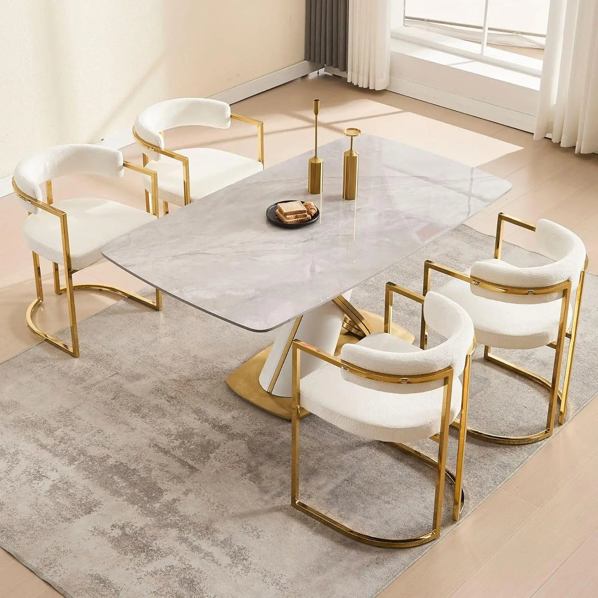 White Chenille Upholstered Dining Chairs Set of 4, Modern Dining Chair with Gold Legs, Kitchen Room Chairs Open Back Barrel Dini