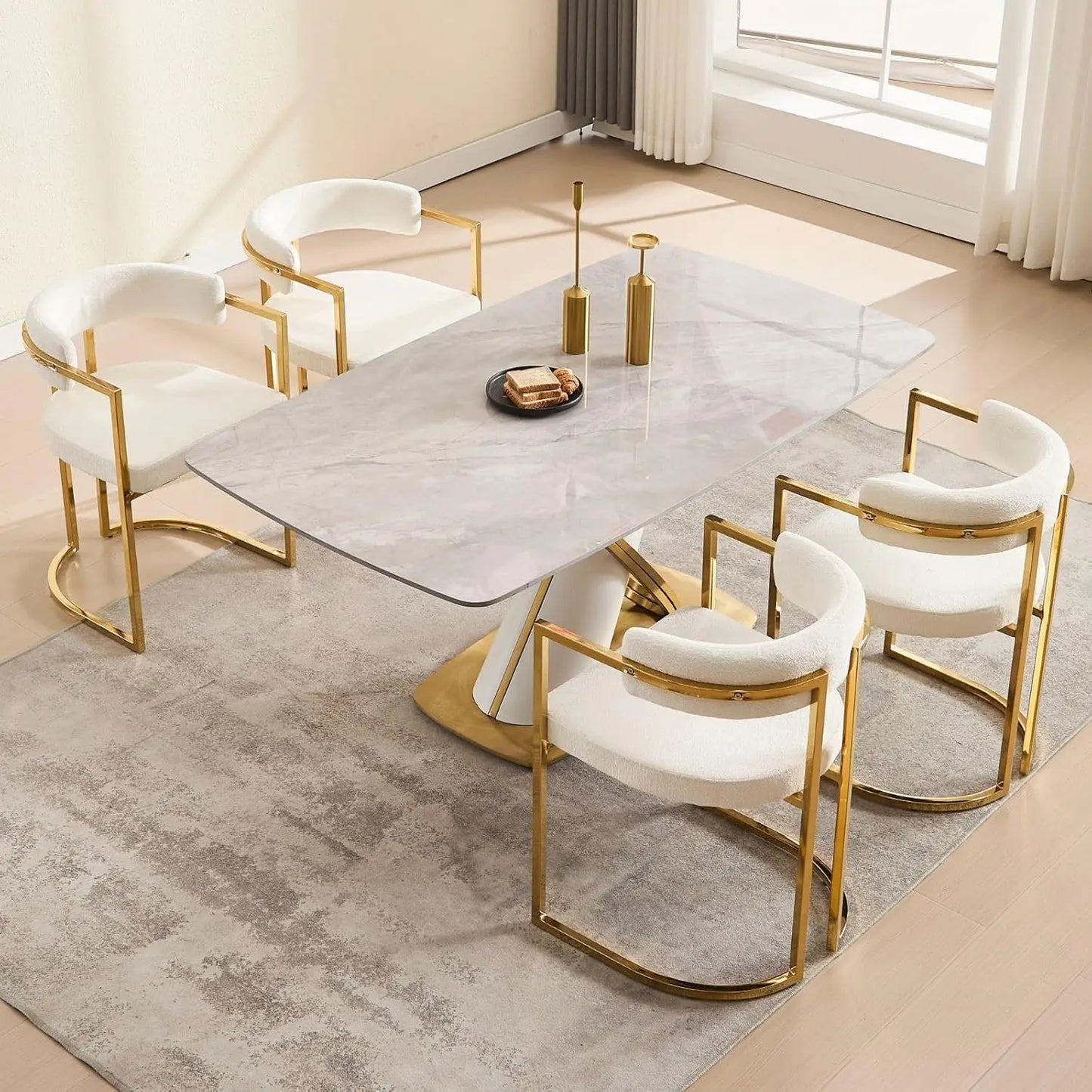 White Chenille Upholstered Dining Chairs Set of 4, Modern Dining Chair with Gold Legs, Kitchen Room Chairs Open Back Barrel Dini