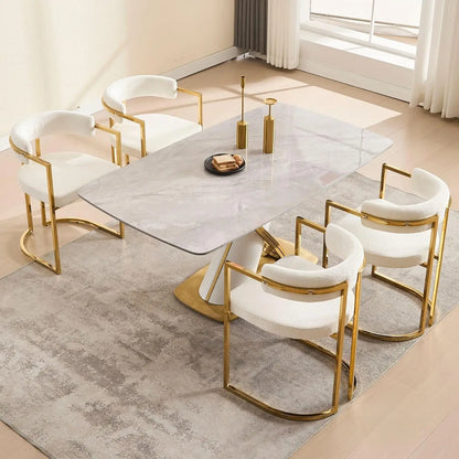 White Chenille Upholstered Dining Chairs Set of 4, Modern Dining Chair with Gold Legs, Kitchen Room Chairs Open Back Barrel Dini