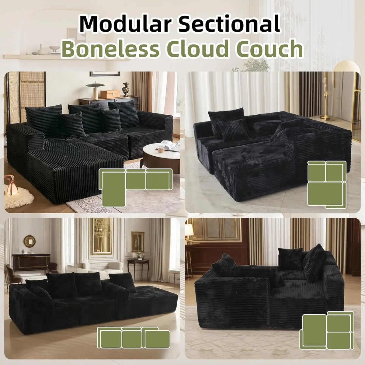 108'' Boneless Couch, Sectional Boneless Couches for Living Room w/Deep Seat,Cloud Couch w/Stripe, Boneless L Shaped Couches·New