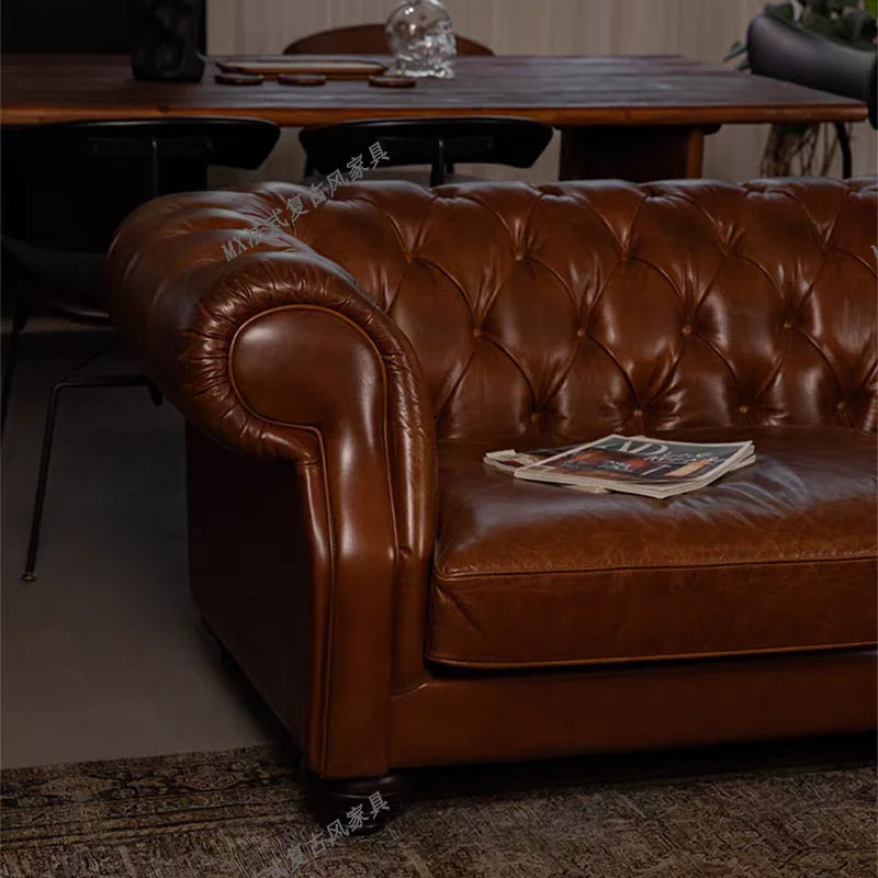 French vintage style button-tufted sofa, classic American cigar bar Burton sofa, mid-century whiskey straight-line sofa