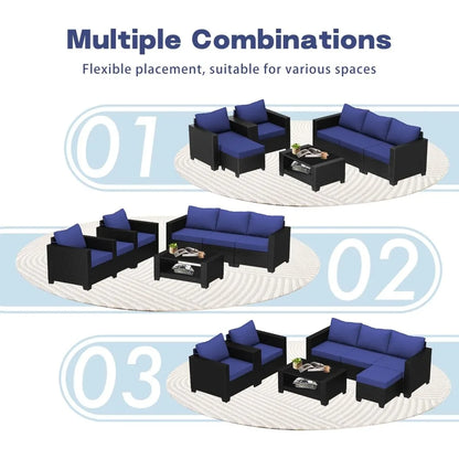 7-piece outdoor patio set, rattan chairs, glass table, wicker sectional for conversation seating