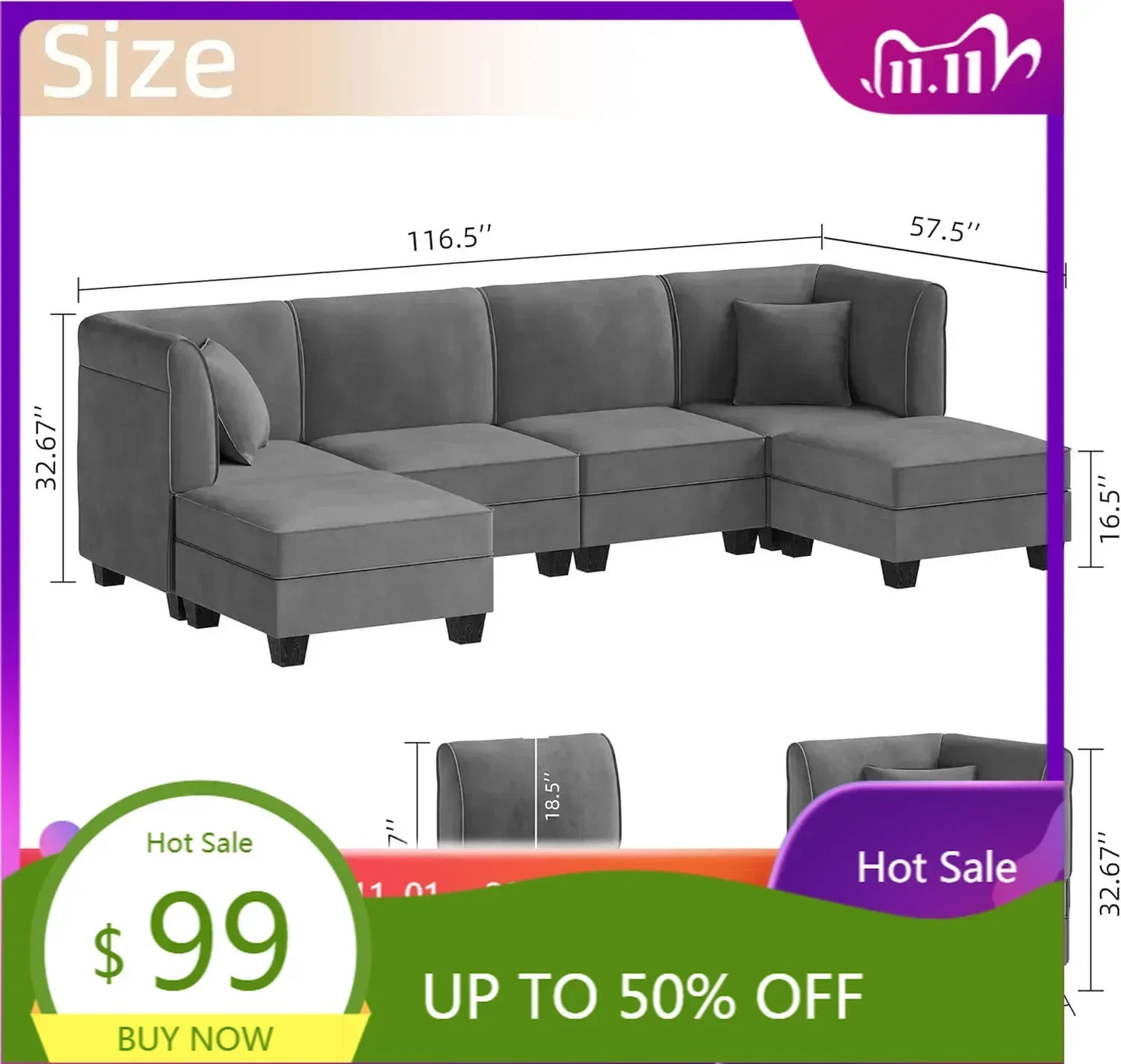 u-shaped velvet sectional sofa with reversible chaise for 6 people, 116" large living room furniture