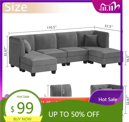 u-shaped velvet sectional sofa with reversible chaise for 6 people, 116" large living room furniture