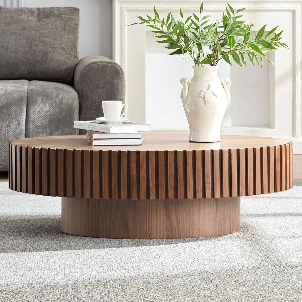 43.31" Walnut Coffee Table for Living Room, Modern Country Rustic Round Wooden Drum Coffee Table with Handcrafted for Apartment,