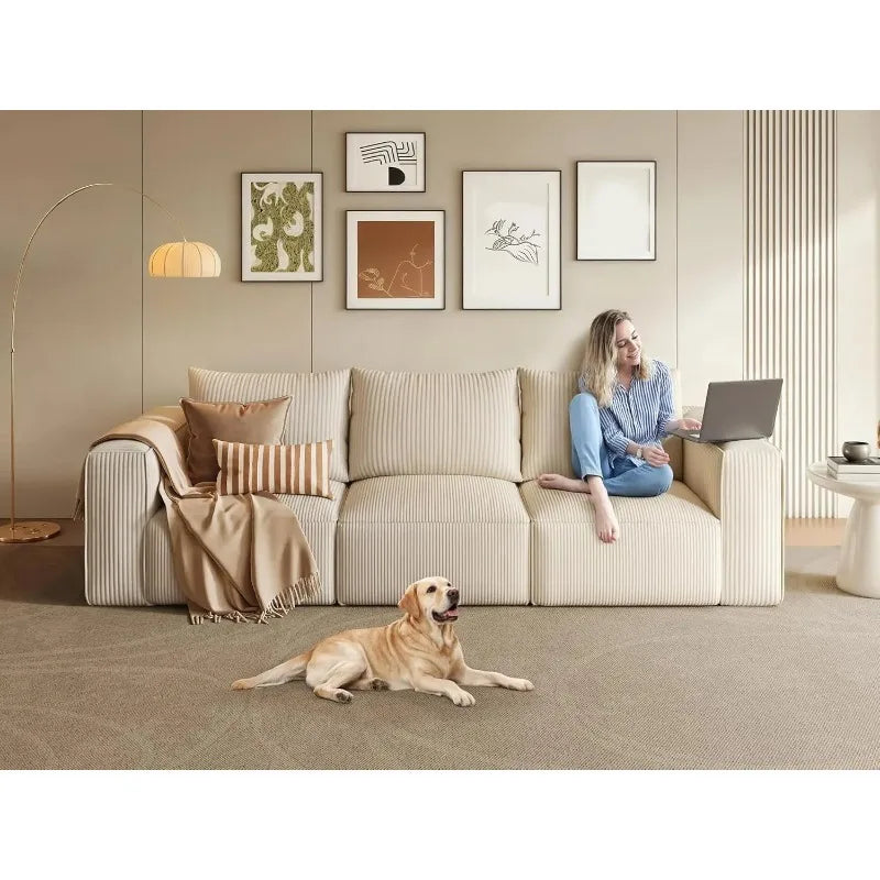 Luxurious 3-Seat Deep Modular Sectional Sofa with Cloud Comfort and 3 Pillows in Corduroy for Living Spaces and Apartments