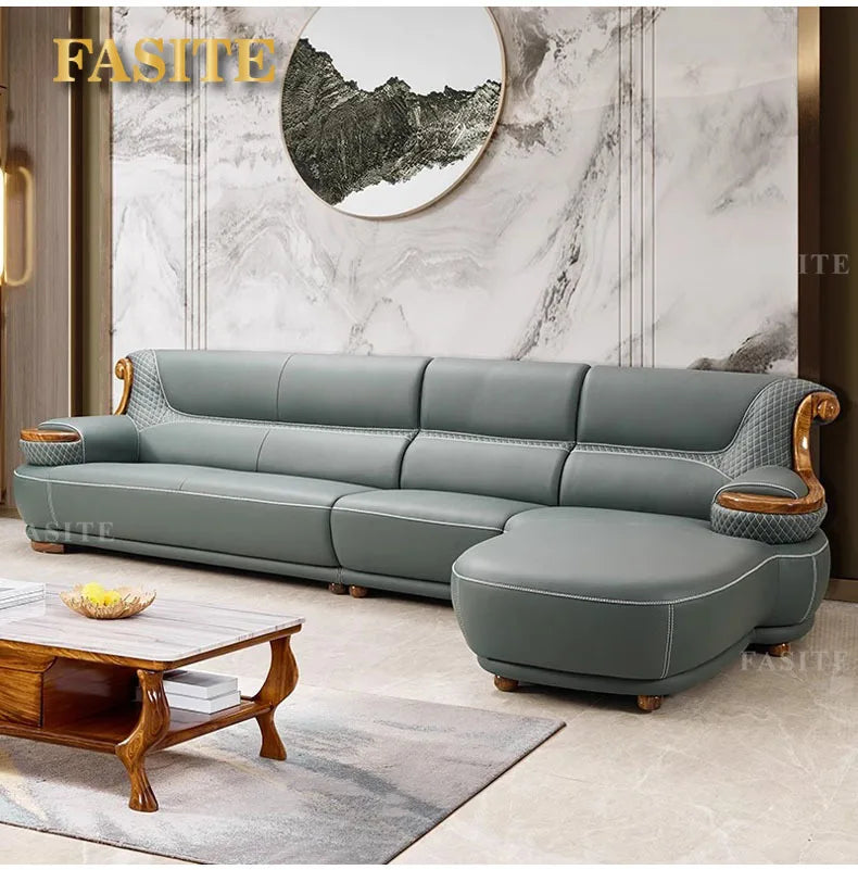 Modern simple ebony leather sofa new Chinese living room size apartment solid wood first layer cowhide new combination