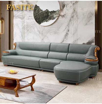 Modern simple ebony leather sofa new Chinese living room size apartment solid wood first layer cowhide new combination