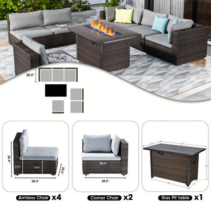 7 Pieces Outdoor Sectional Patio Furniture Set With Fire Pit Table Rattan Wicker Patio Sectional Conversation Set With Cushions