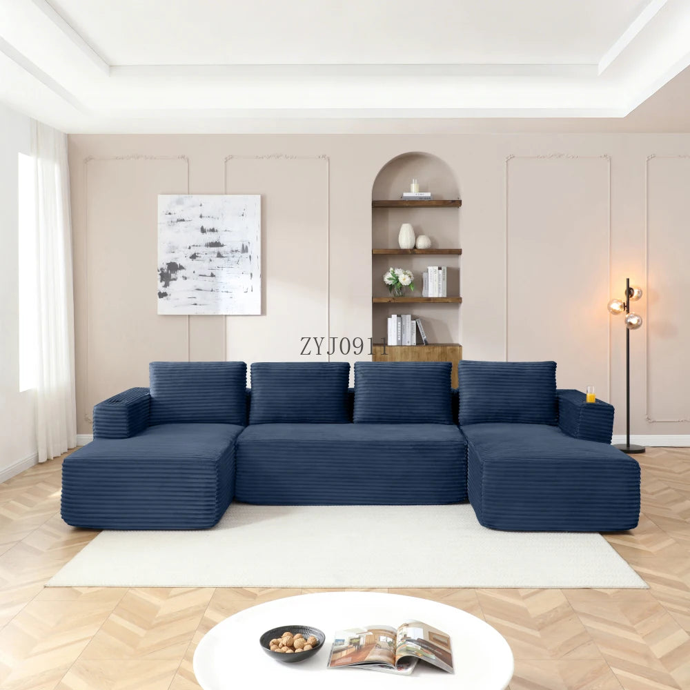 132-Inch boneless sofa, modern corduroy U-shaped modular section sofa, comfortable sofa with cup holder