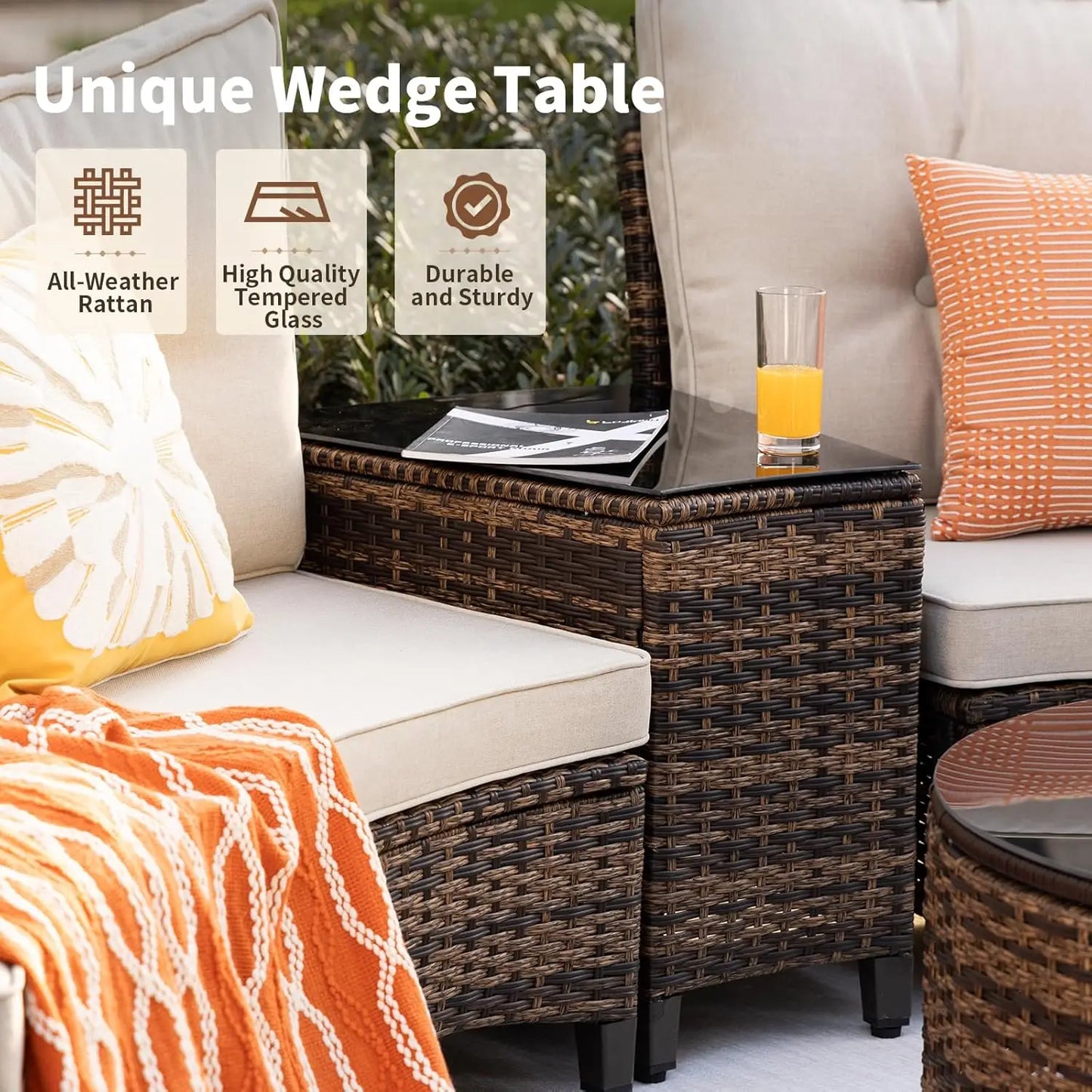 Multi-piece Outdoor Patio Furniture Sets, Half Moon Curving Part of The Sofa Rattan Patio Conversation Sets