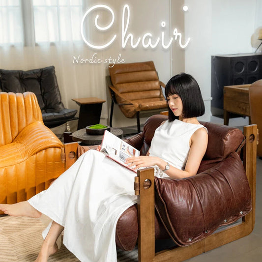 Casual leather recliner retro solid wood reading chair