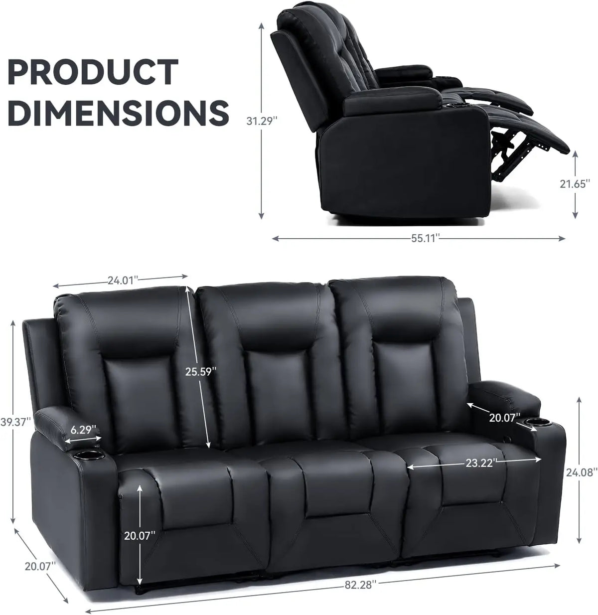 Living Room Furniture Set,Bonded Leather Loveseat Sofa with Cup Holder Recliner Chair,3+2,Black