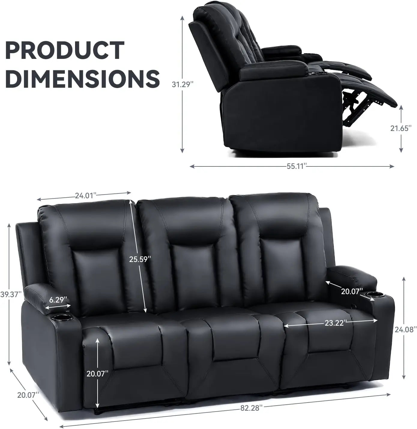 Living Room Furniture Set,Bonded Leather Loveseat Sofa with Cup Holder Recliner Chair,3+2,Black